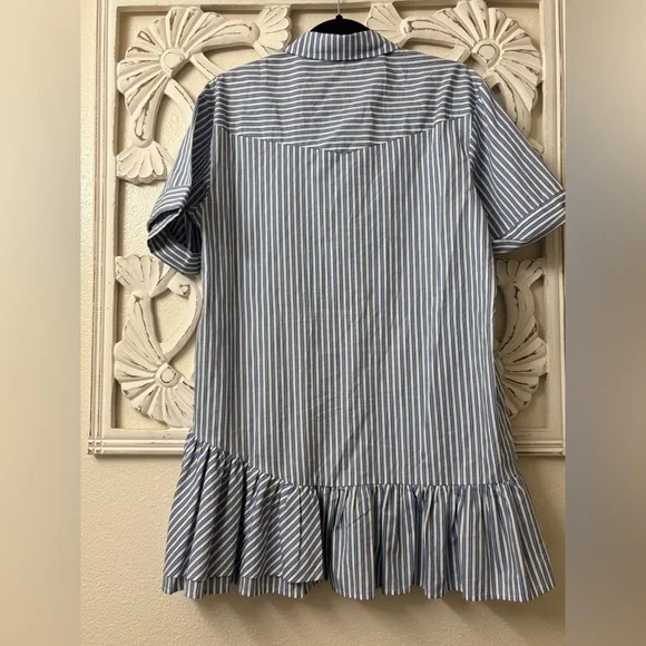 ZARA Mini Shirt Dress With Ruffles Blue & White Striped • Like New - Picture 4 of 6